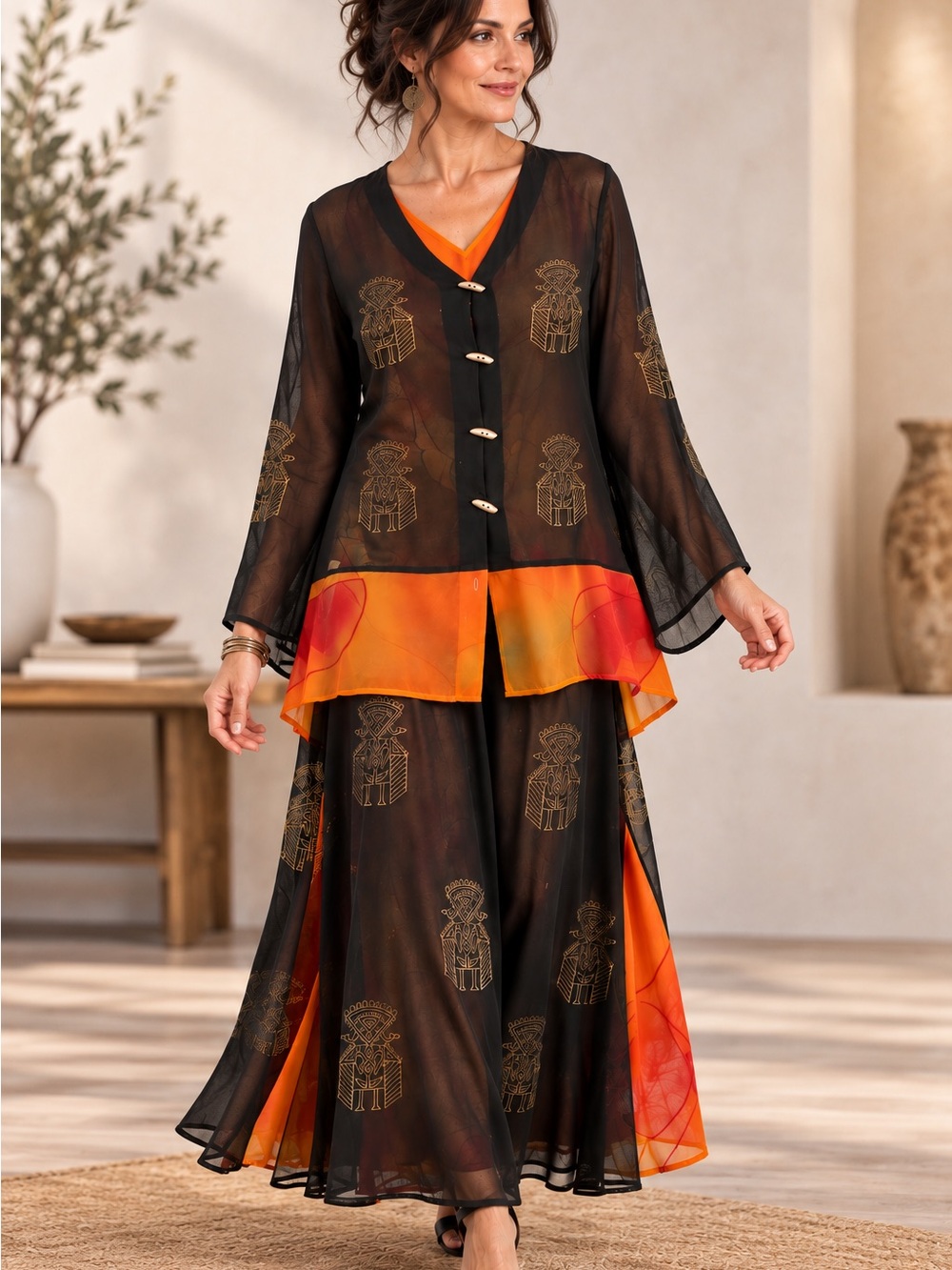 Original AnhHanh 2 Piece Skirt Size S Sheer Tunic Set Asian Art Toggle